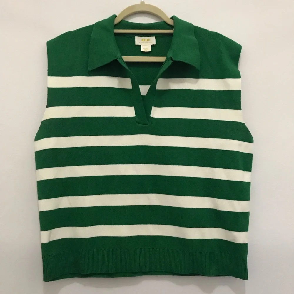 Maeve by Anthropologie Green and White Striped Sleeveless Polo Top Size L - Picture 2 of 6
